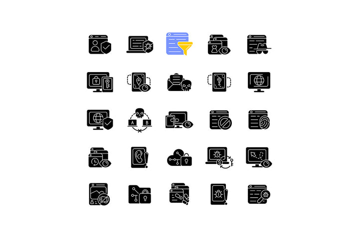 Online surveillance and censorship black glyph icons set on white space