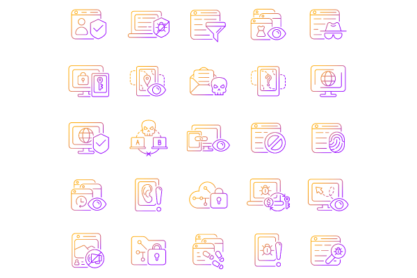 Online surveillance and censorship gradient linear vector icons set