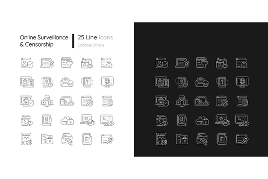 Online surveillance and censorship linear icons set for dark and light mode. Editable Stroke