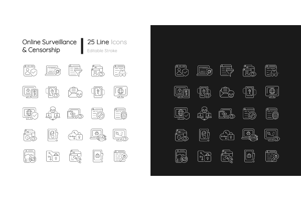 Online surveillance and censorship linear icons set for dark and light mode. Editable Stroke