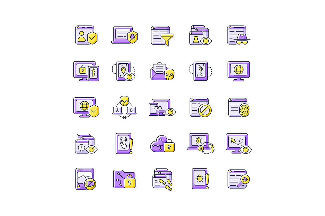 Online surveillance and censorship purple RGB color icons set