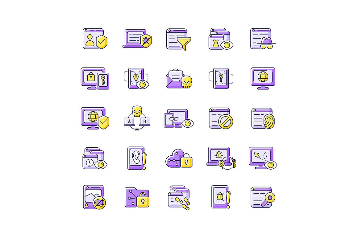 Online surveillance and censorship purple RGB color icons set