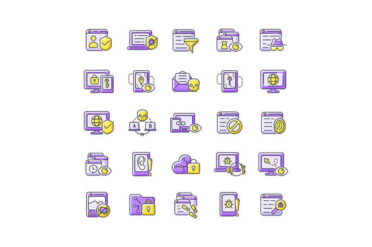 Online surveillance and censorship purple RGB color icons set