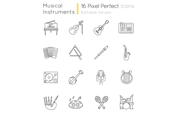 Orchestral instrument pixel perfect linear icons set