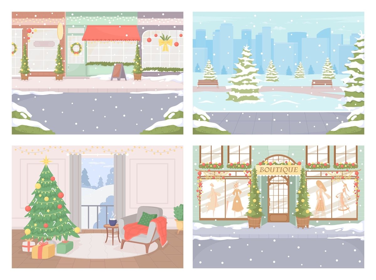 Outdoor and indoor Christmas scenes at daylight flat color vector illustration set