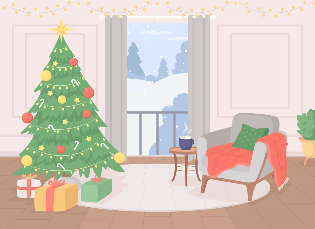 Outdoor and indoor Christmas scenes at daylight flat color vector illustration set