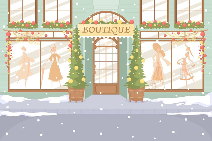 Outdoor and indoor Christmas scenes at daylight flat color vector illustration set