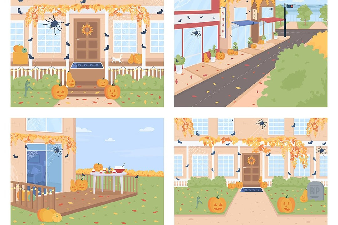 Outdoor Halloween decorations flat color vector illustration set