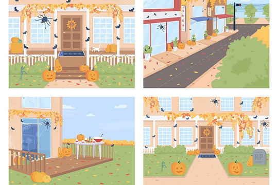 Outdoor Halloween decorations flat color vector illustration set