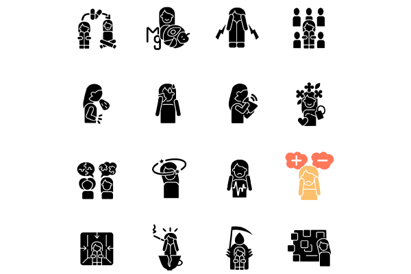 Panic disorder black glyph icons set