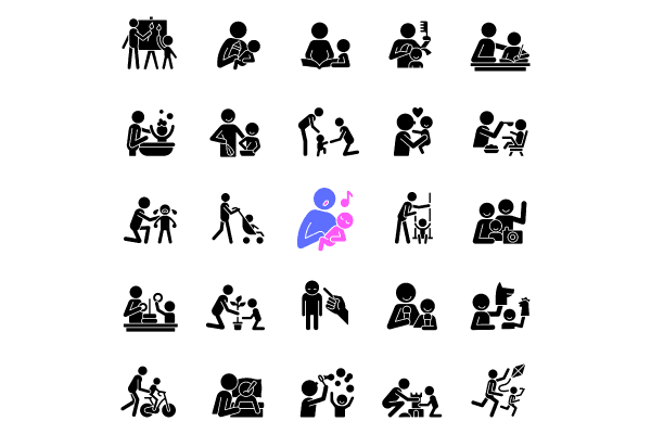 Parent and child interaction black glyph icons set on white space