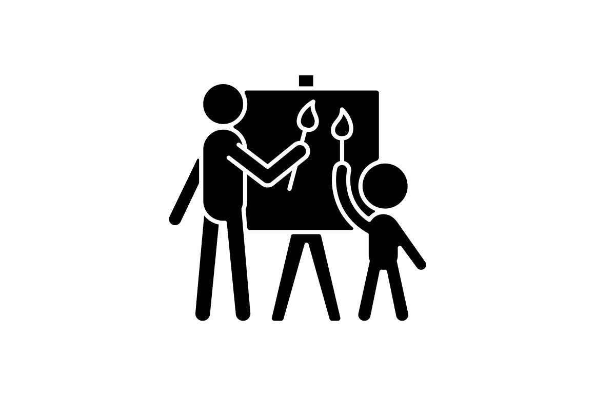 Parent and child interaction black glyph icons set on white space