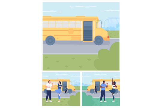 Parent send child to school flat color vector illustration set