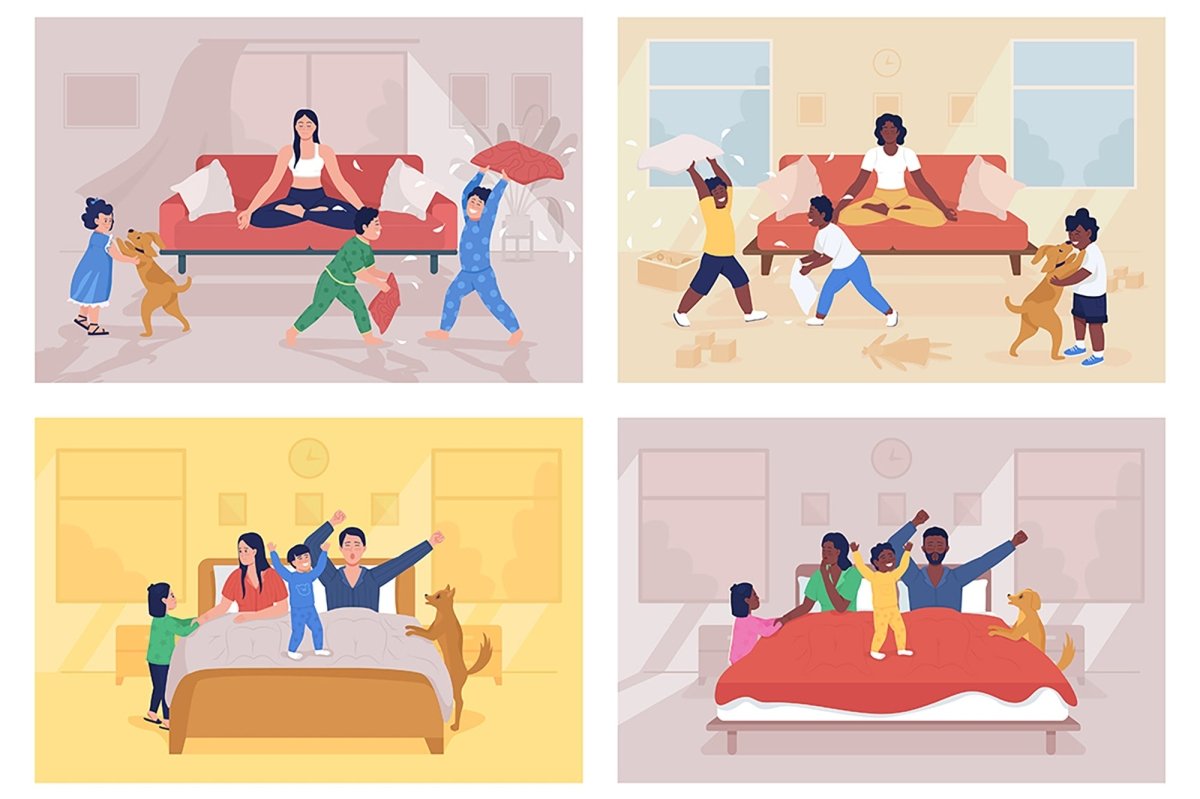 Parenting challenges flat color vector illustration set