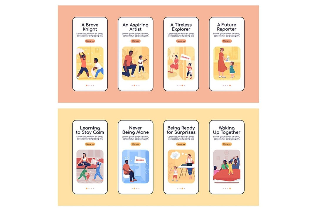 Parenting challenges onboarding mobile app screen flat vector templates