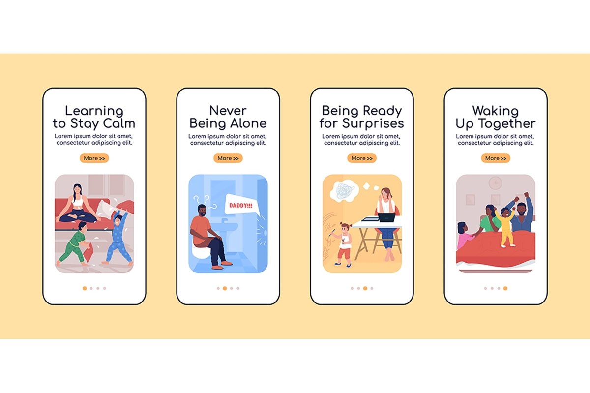 Parenting challenges onboarding mobile app screen flat vector templates