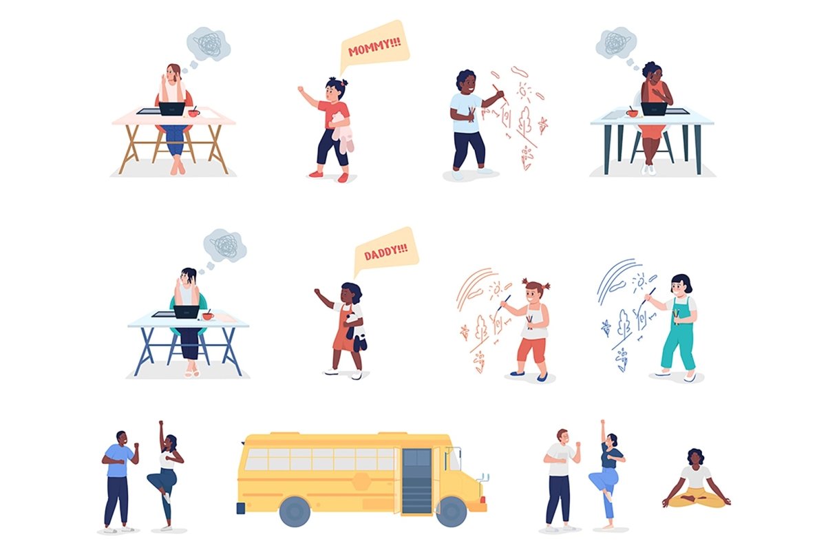 Parents and children flat color vector illustrations