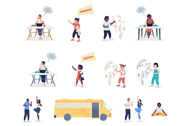 Parents and children flat color vector illustrations