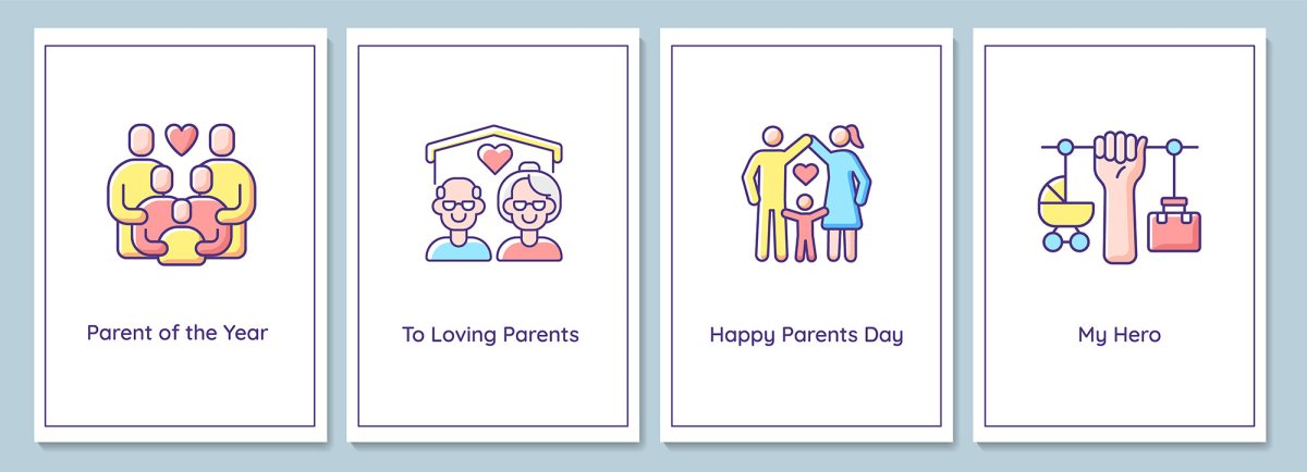 Parents day celebration greeting cards with color icon element set