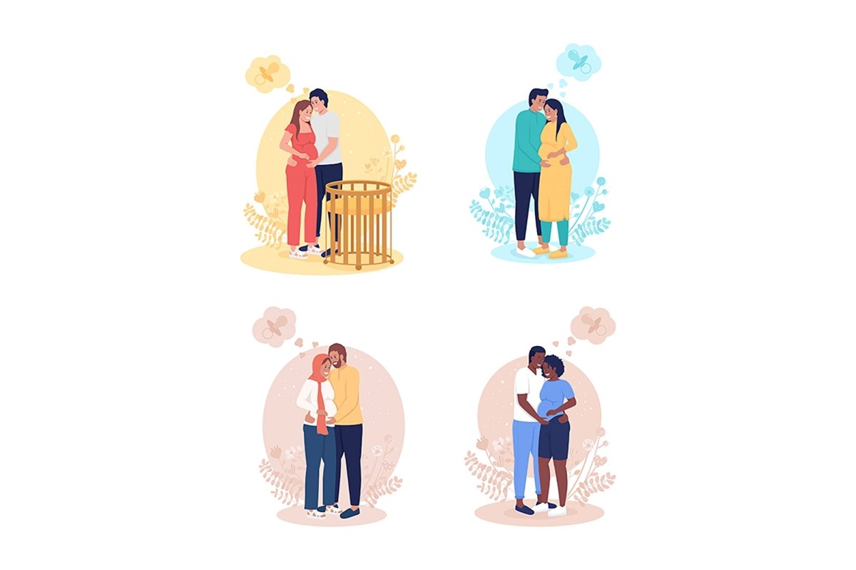 Parents expecting baby 2D vector isolated illustration set