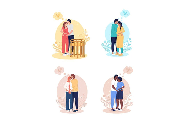 Parents expecting baby 2D vector isolated illustration set