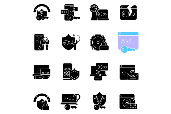 Password management black glyph icons set