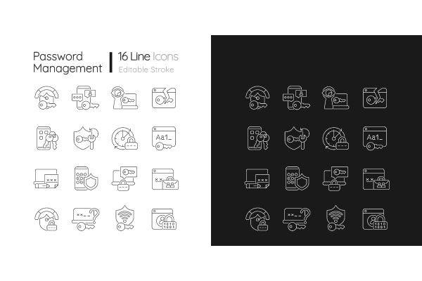 Password management linear icons set for dark and light mode