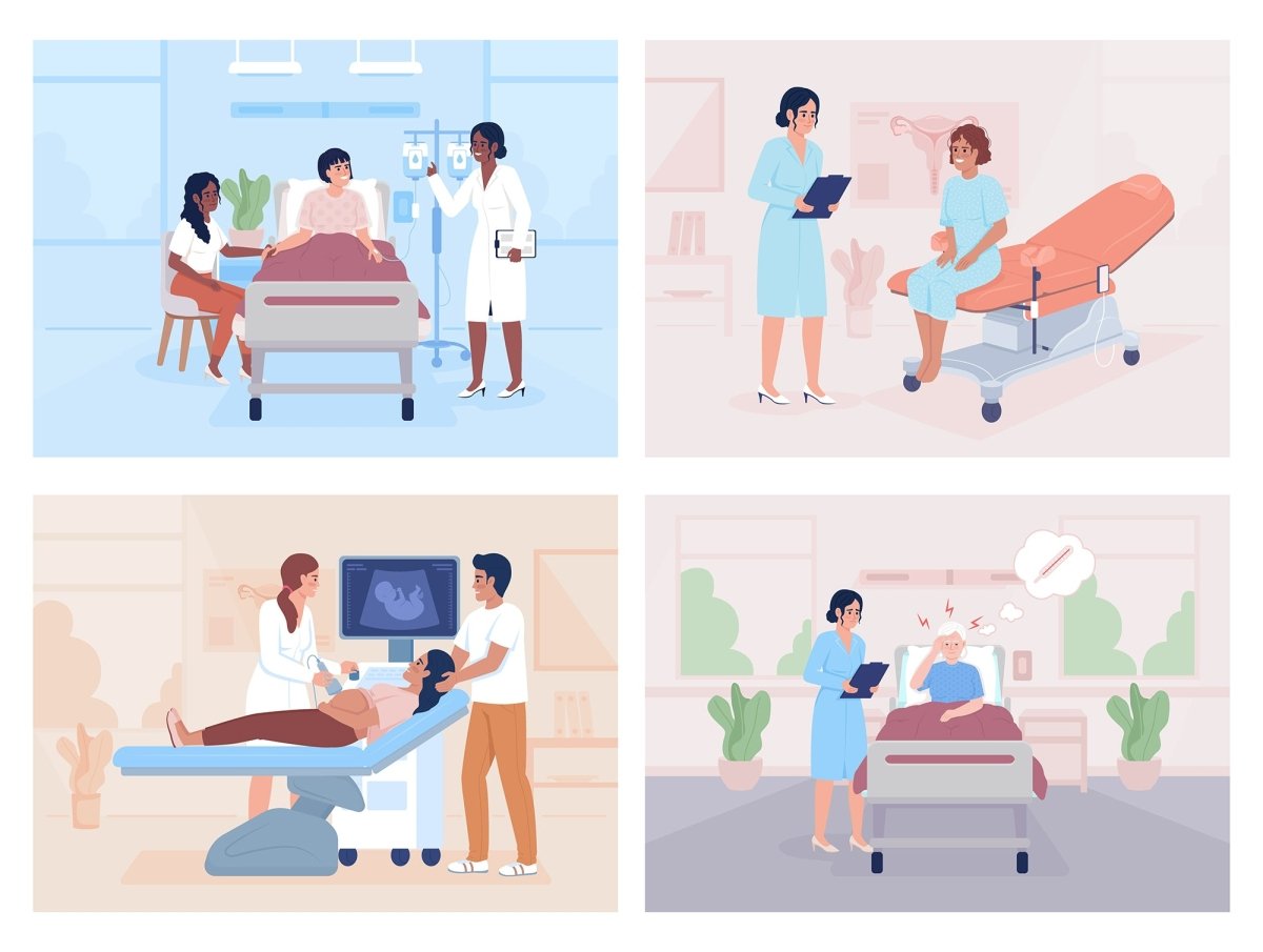 Patients examination in hospital flat color vector illustrations set