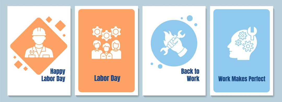 Paying tribute to workers greeting cards with glyph icon element set