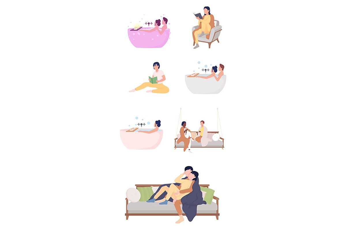 People at home semi flat color vector characters set
