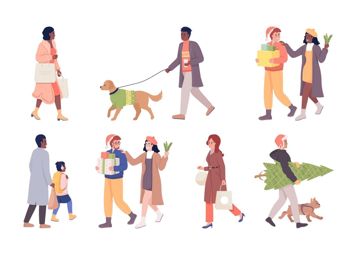 People getting ready for Christmas semi flat color vector characters set