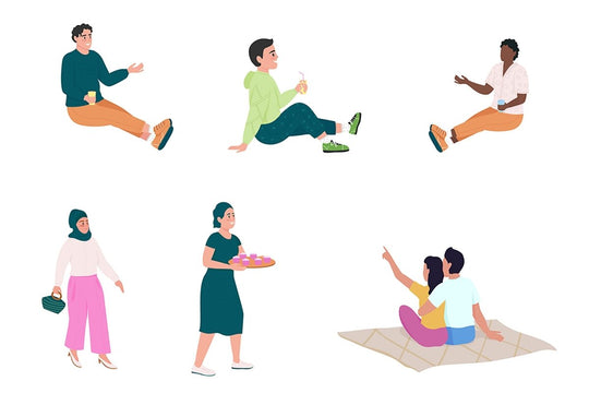 People relaxing outdoors flat color vector faceless characters set