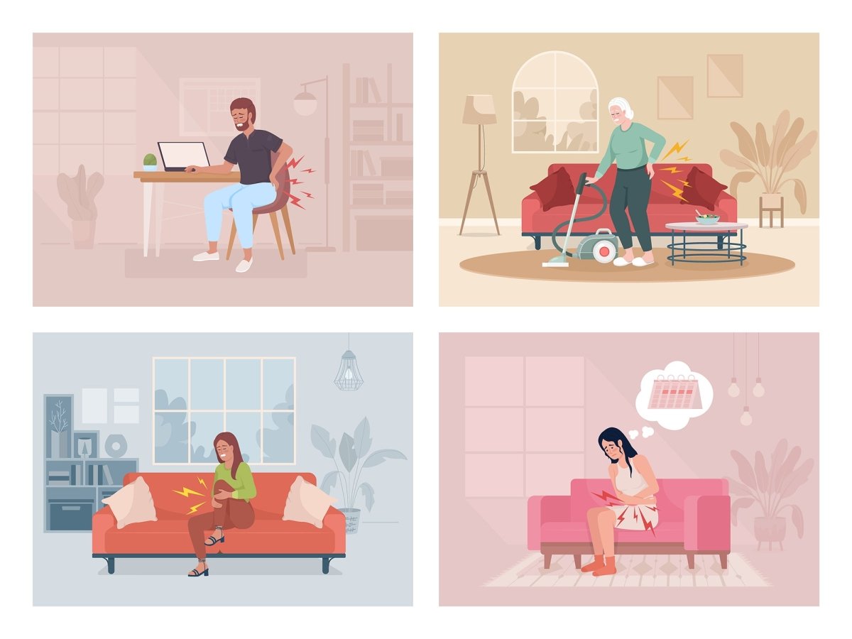 People suffering from different pain flat color vector illustrations set