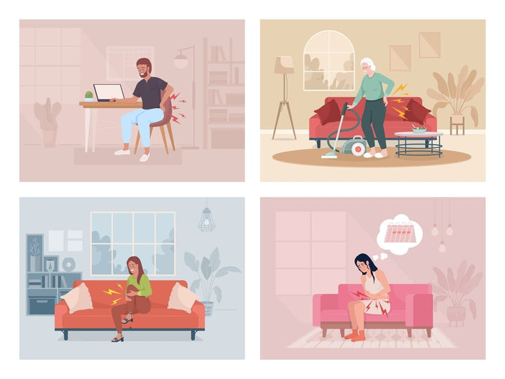 People suffering from different pain flat color vector illustrations set