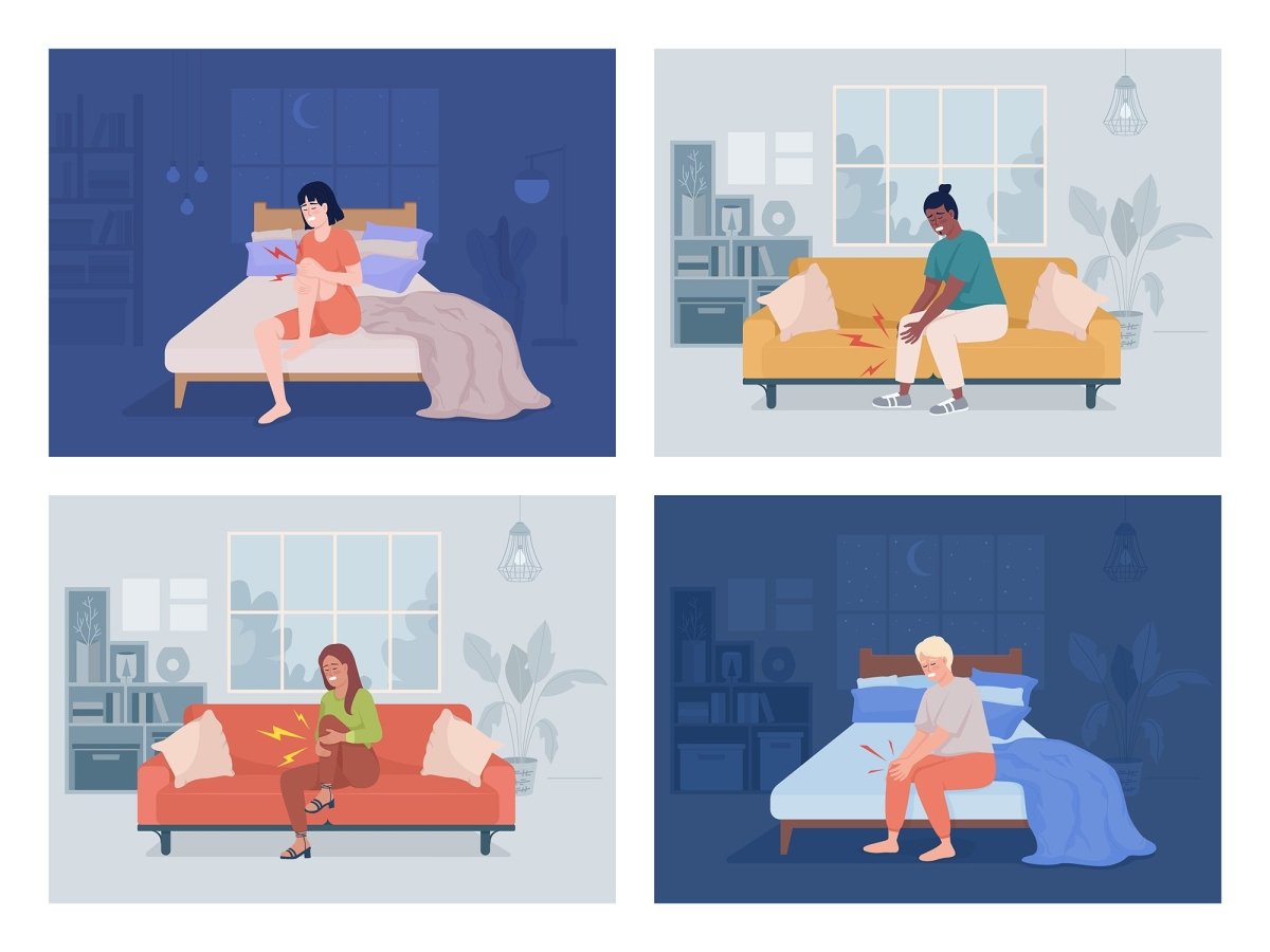 People suffering from leg pain flat color vector illustrations set
