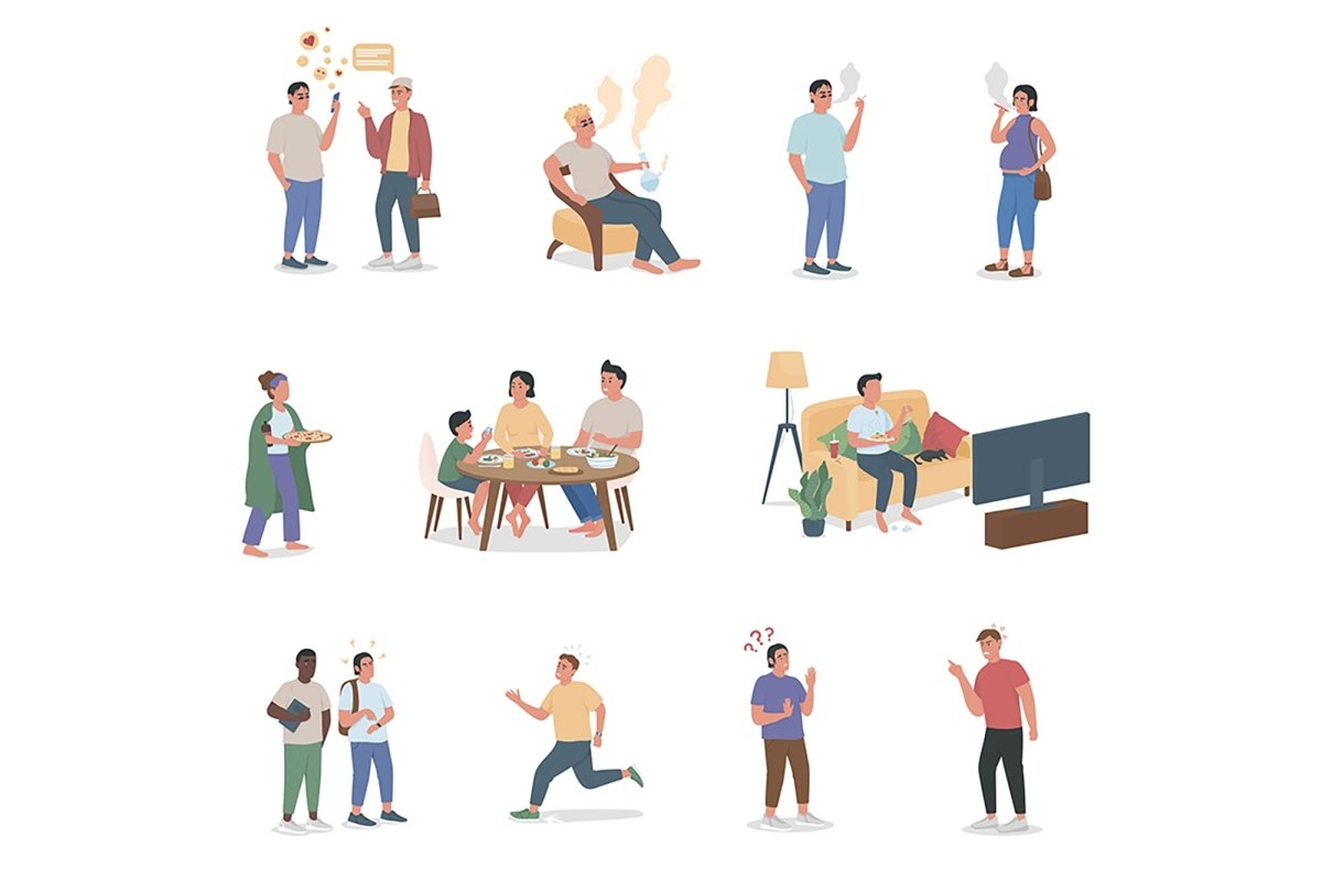 People with bad habits flat color vector faceless, detailed character set