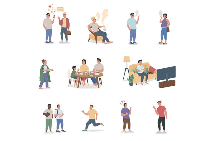People with bad habits flat color vector faceless, detailed character set