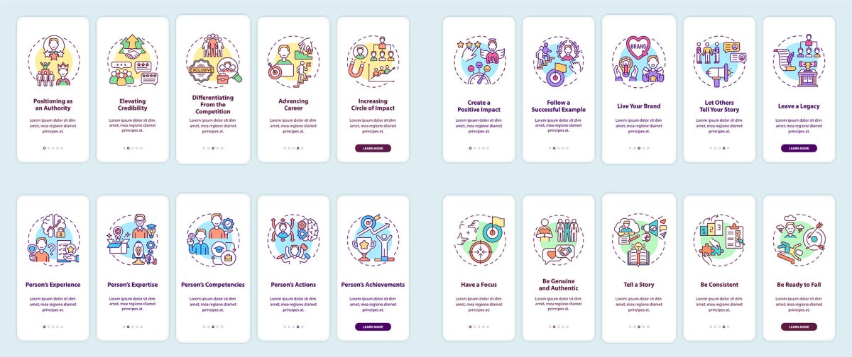 Personal branding onboarding mobile app page screen bundle
