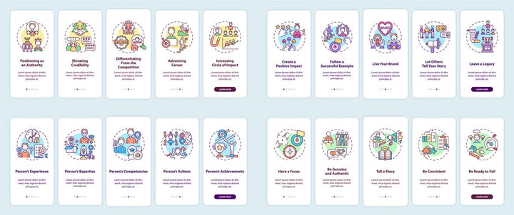Personal branding onboarding mobile app page screen bundle