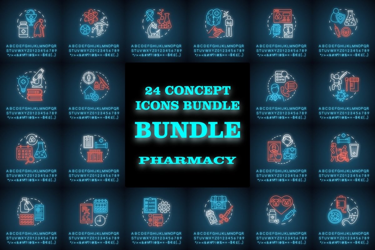 Pharmacy neon light concept icon bundle