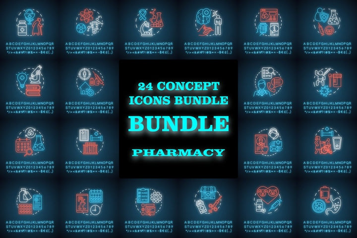 Pharmacy neon light concept icon bundle