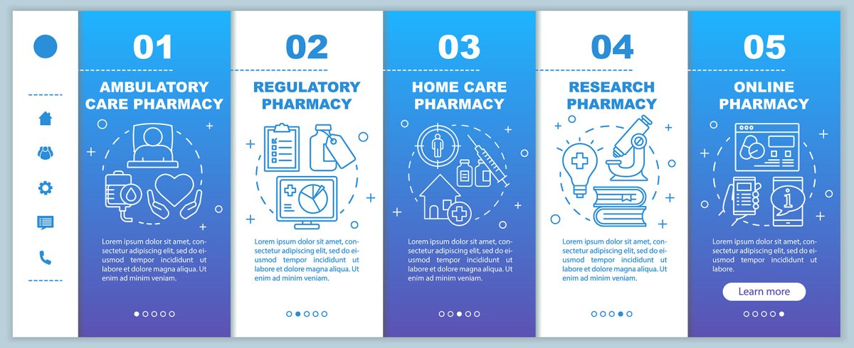 Pharmacy onboarding mobile web pages vector template bundle