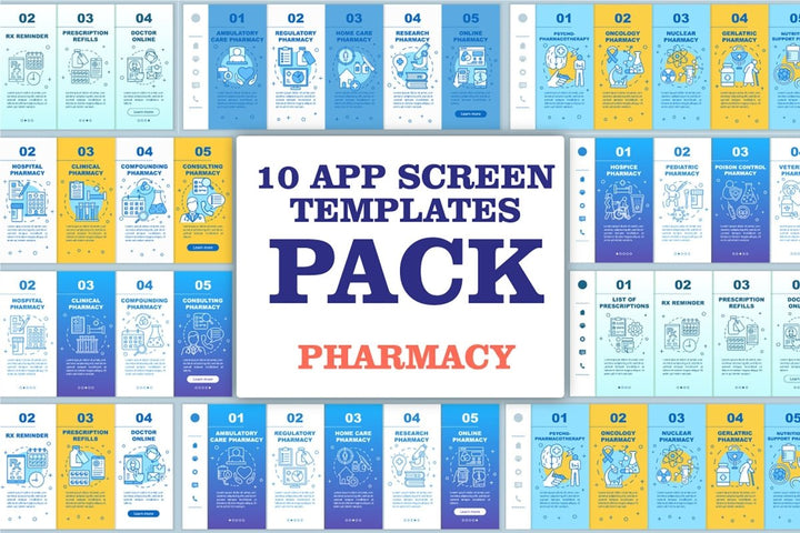Pharmacy onboarding mobile web pages vector template bundle