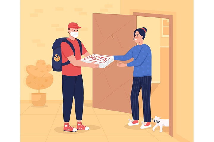 Pizza delivery to door flat color vector illustration set