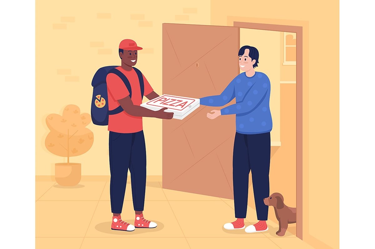 Pizza delivery to door flat color vector illustration set
