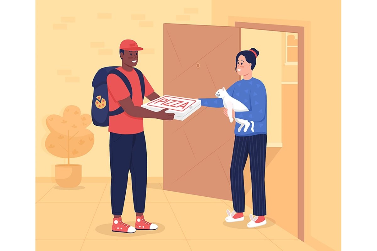 Pizza delivery to door flat color vector illustration set