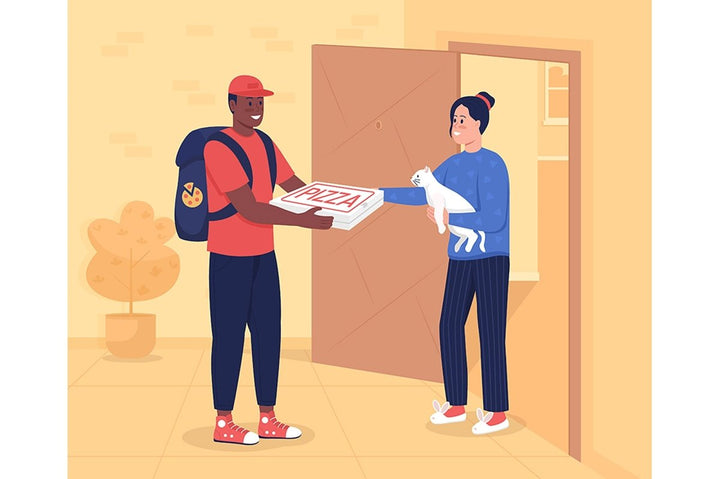 Pizza delivery to door flat color vector illustration set