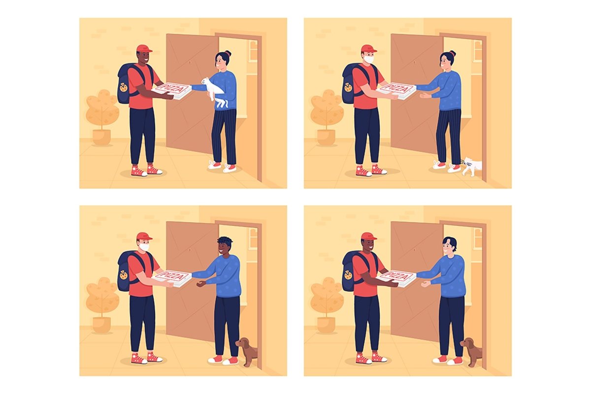 Pizza delivery to door flat color vector illustration set