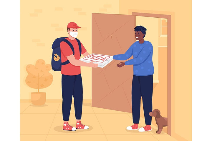 Pizza delivery to door flat color vector illustration set