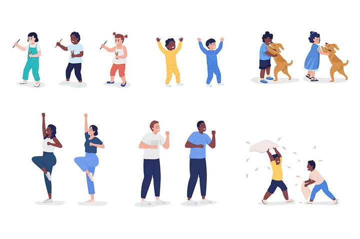 Playful children semi flat color vector character set